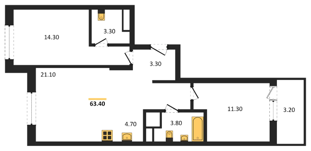Планировка: 2-комн., 63,4 м²
