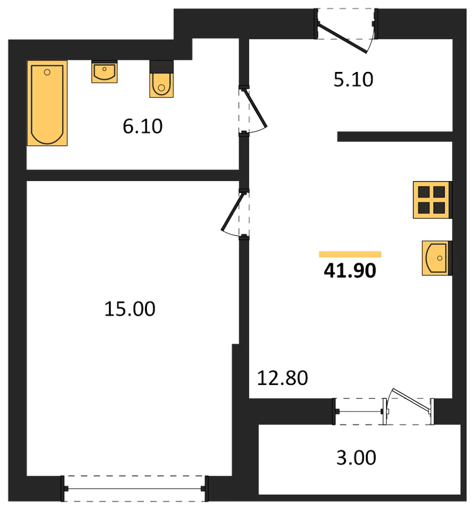Планировка: 1-комн., 41,9 м²
