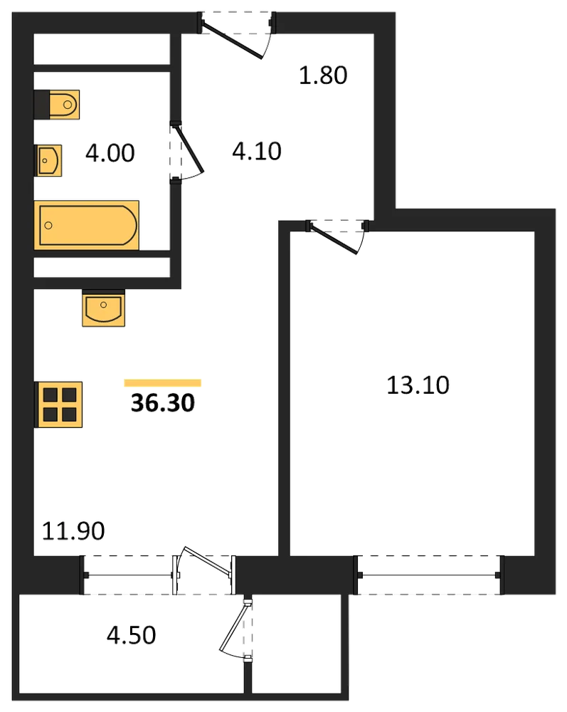 Планировка: 1-комн., 36,3 м²