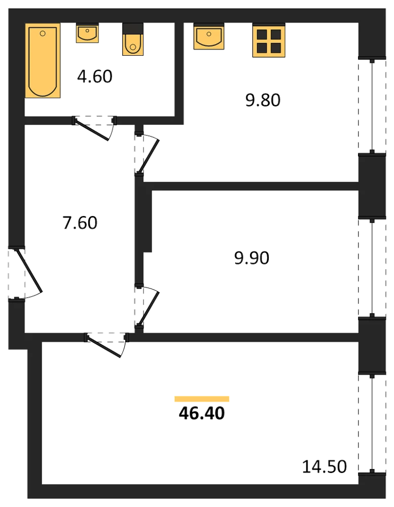 Планировка: 2-комн., 46,4 м²