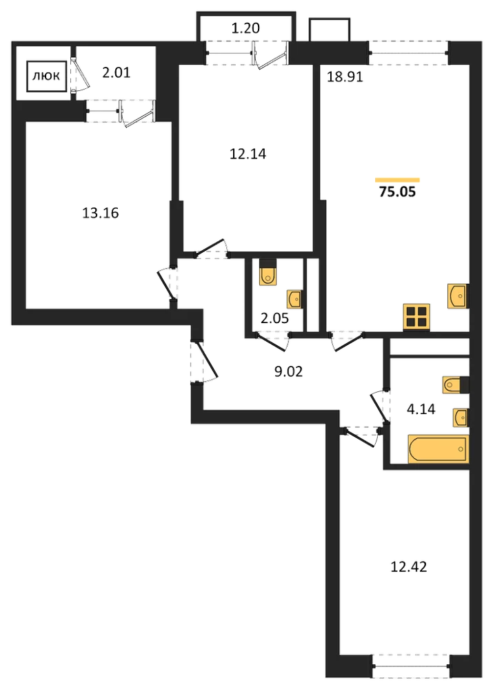 Планировка: 3-комн., 74,9 м²