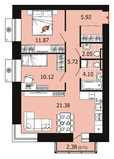 Планировка: 2-комн., 61,9 м²