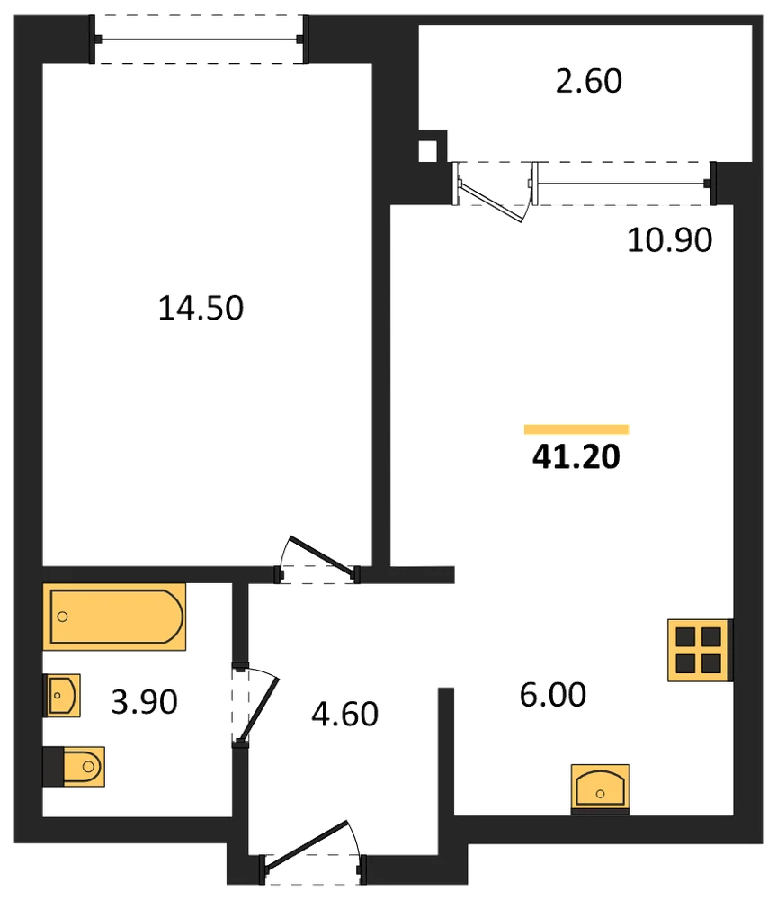 Планировка: 1-комн., 41,2 м²