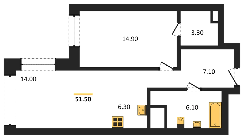 Планировка: 1-комн., 51,7 м²