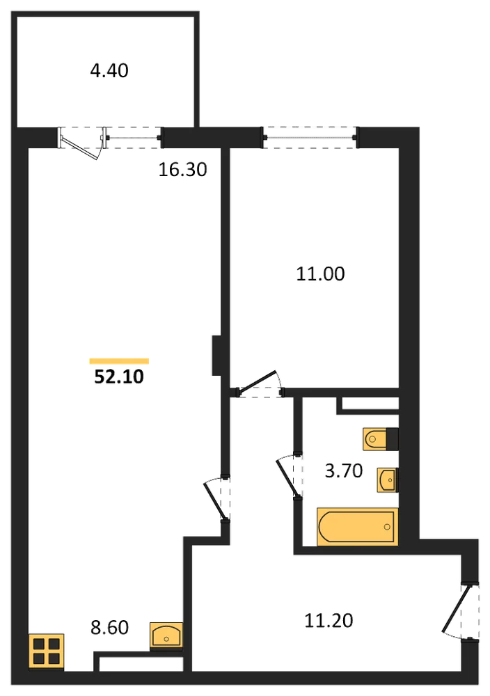 Планировка: 1-комн., 52,1 м²