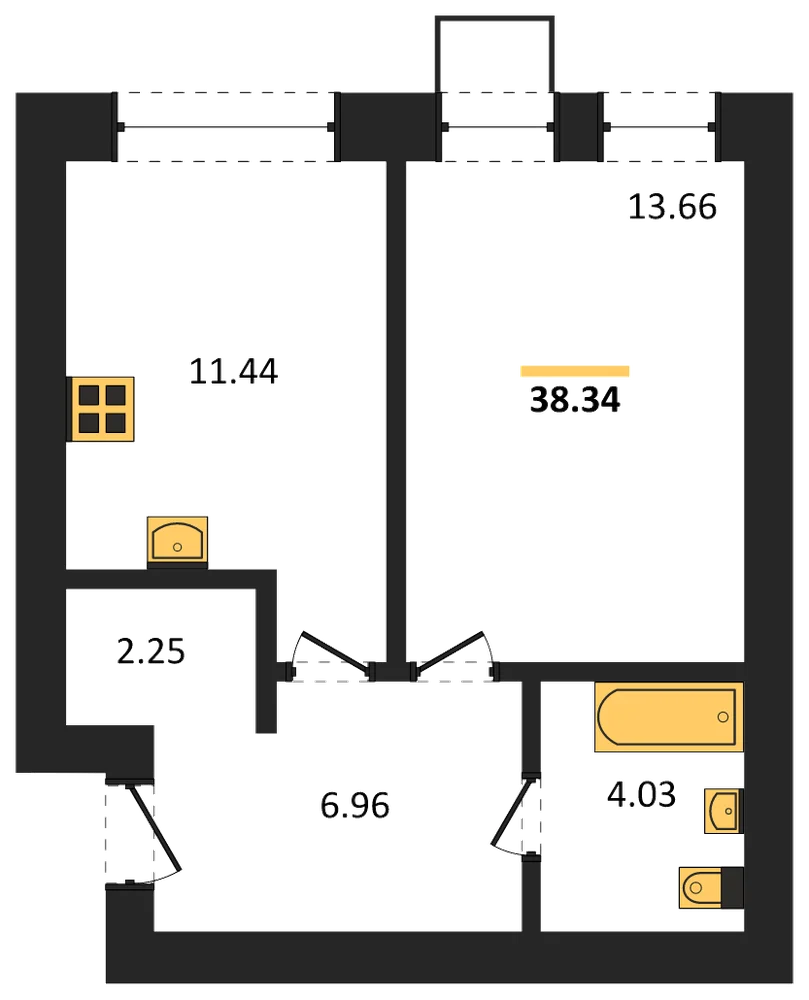 Планировка: 1-комн., 38,3 м²