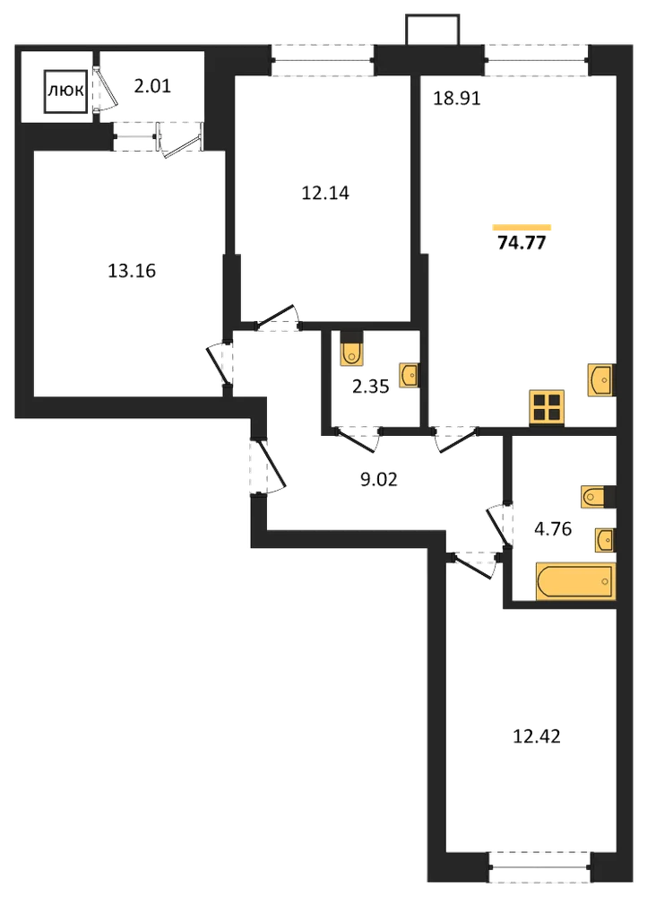 Планировка: 3-комн., 74,7 м²