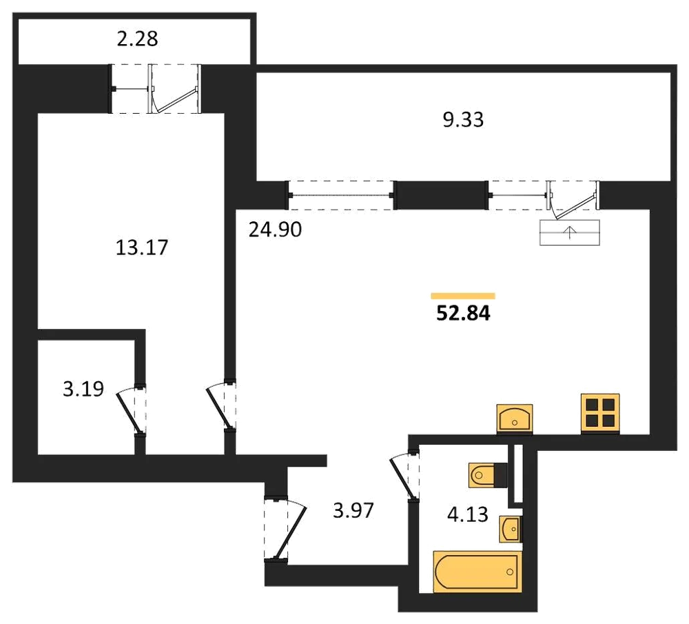 Планировка: 1-комн., 52,8 м²