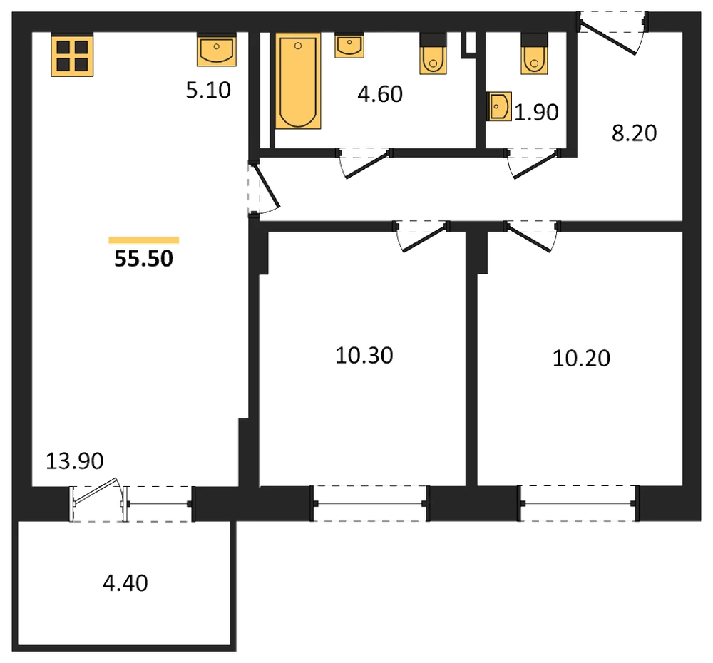 Планировка: 2-комн., 55,5 м²