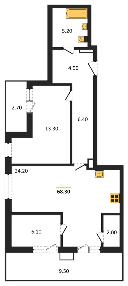 Планировка: 1-комн., 68,3 м²