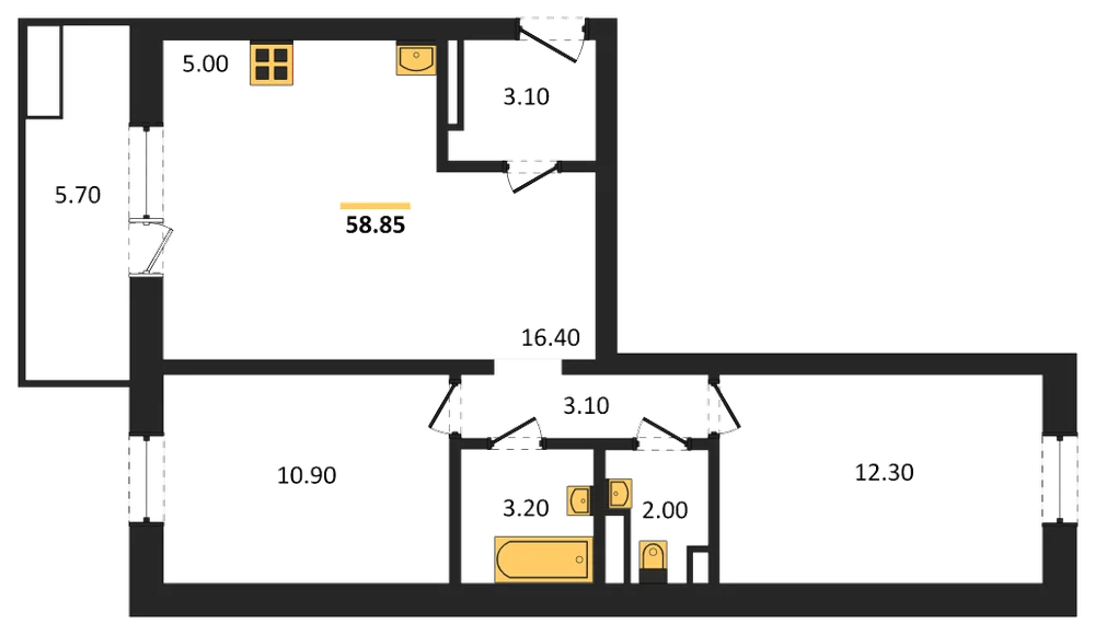 Планировка: 2-комн., 58,9 м²