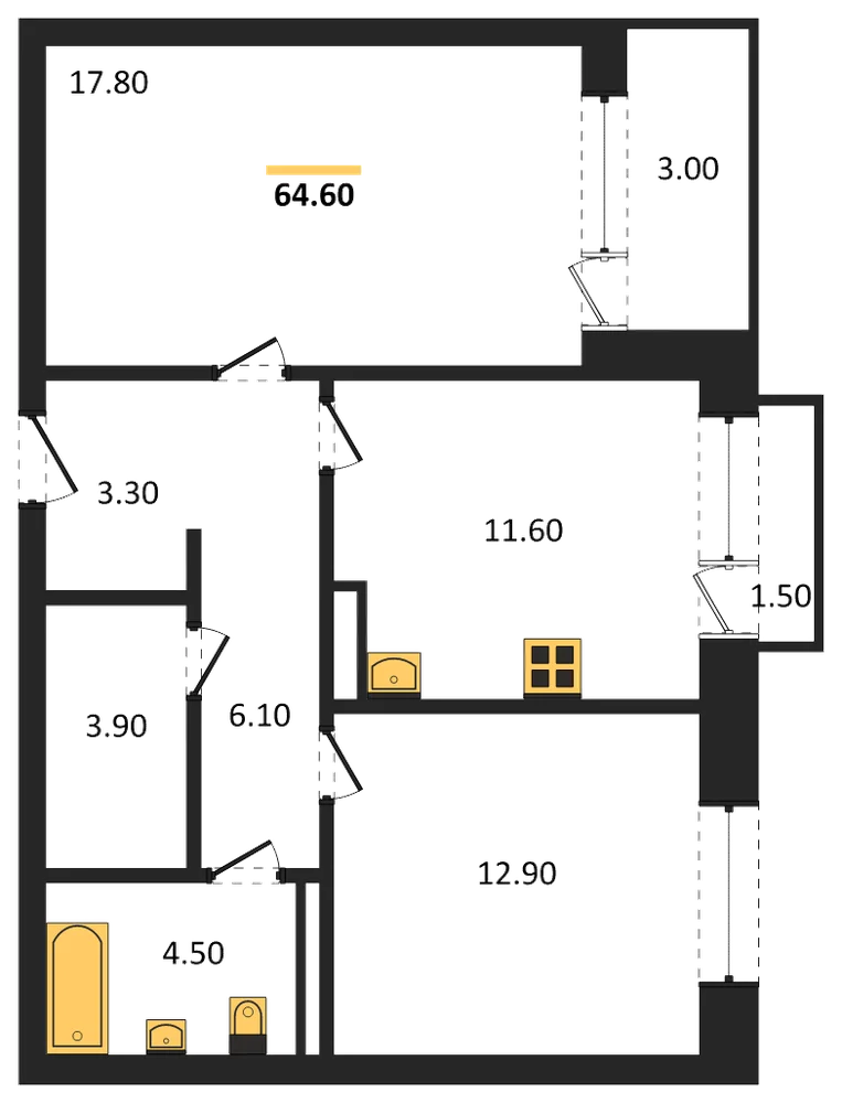 Планировка: 2-комн., 64,6 м²