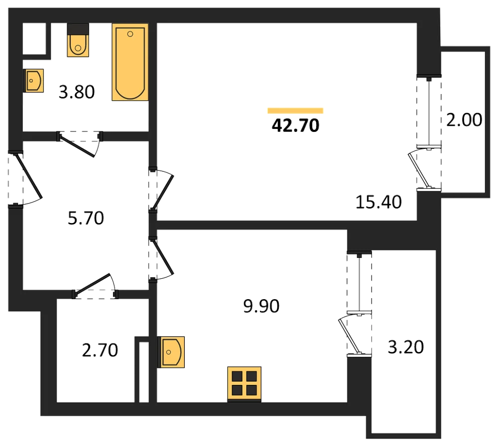 Планировка: 1-комн., 42,7 м²