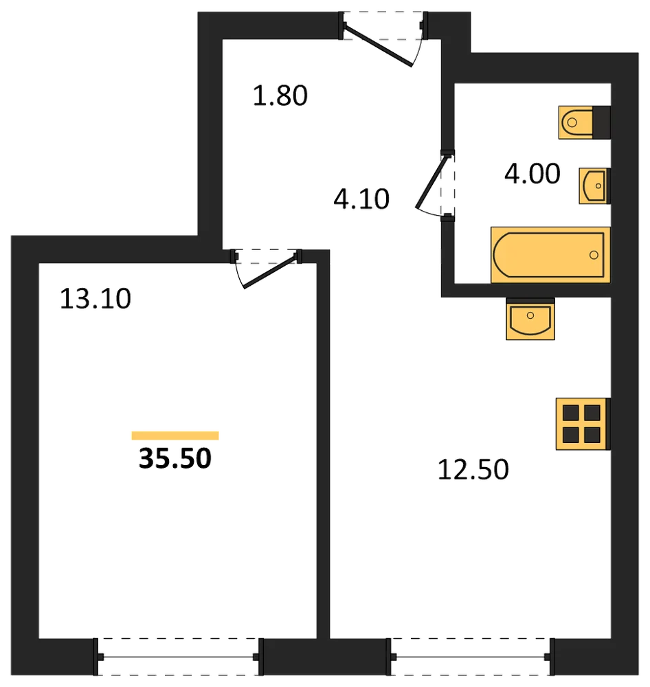 Планировка: 1-комн., 35,5 м²