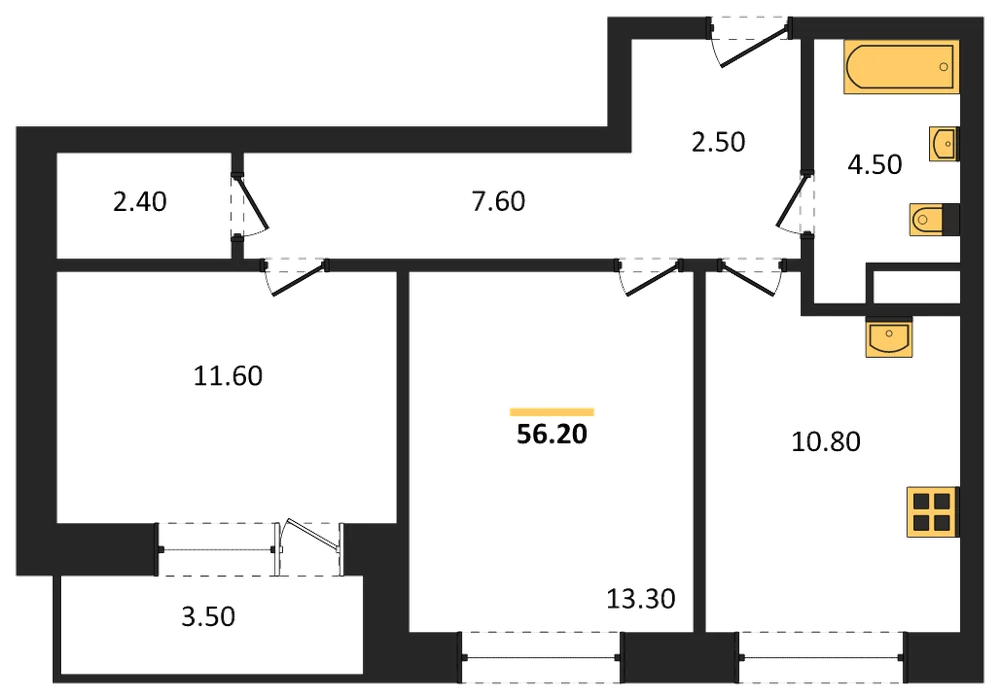 Планировка: 2-комн., 56,2 м²