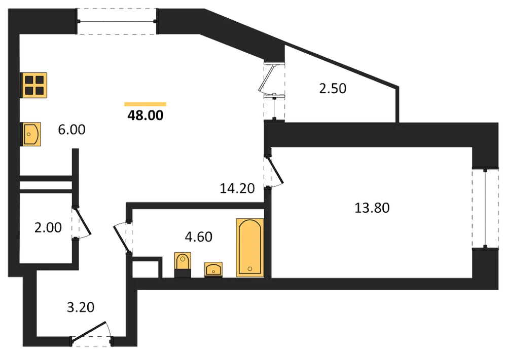Планировка: 1-комн., 48 м²