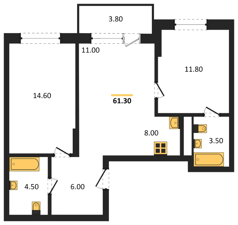 Планировка: 2-комн., 61,3 м²