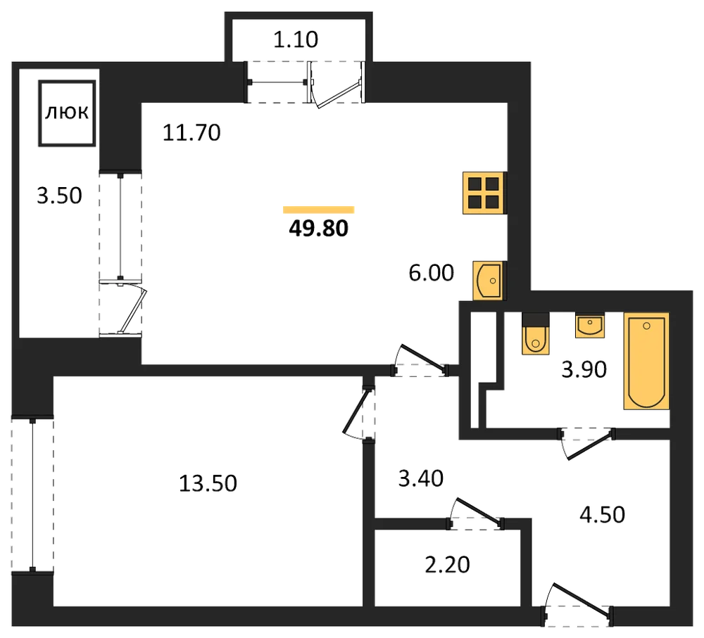Планировка: 1-комн., 49,8 м²
