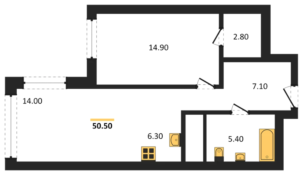 Планировка: 1-комн., 50,5 м²