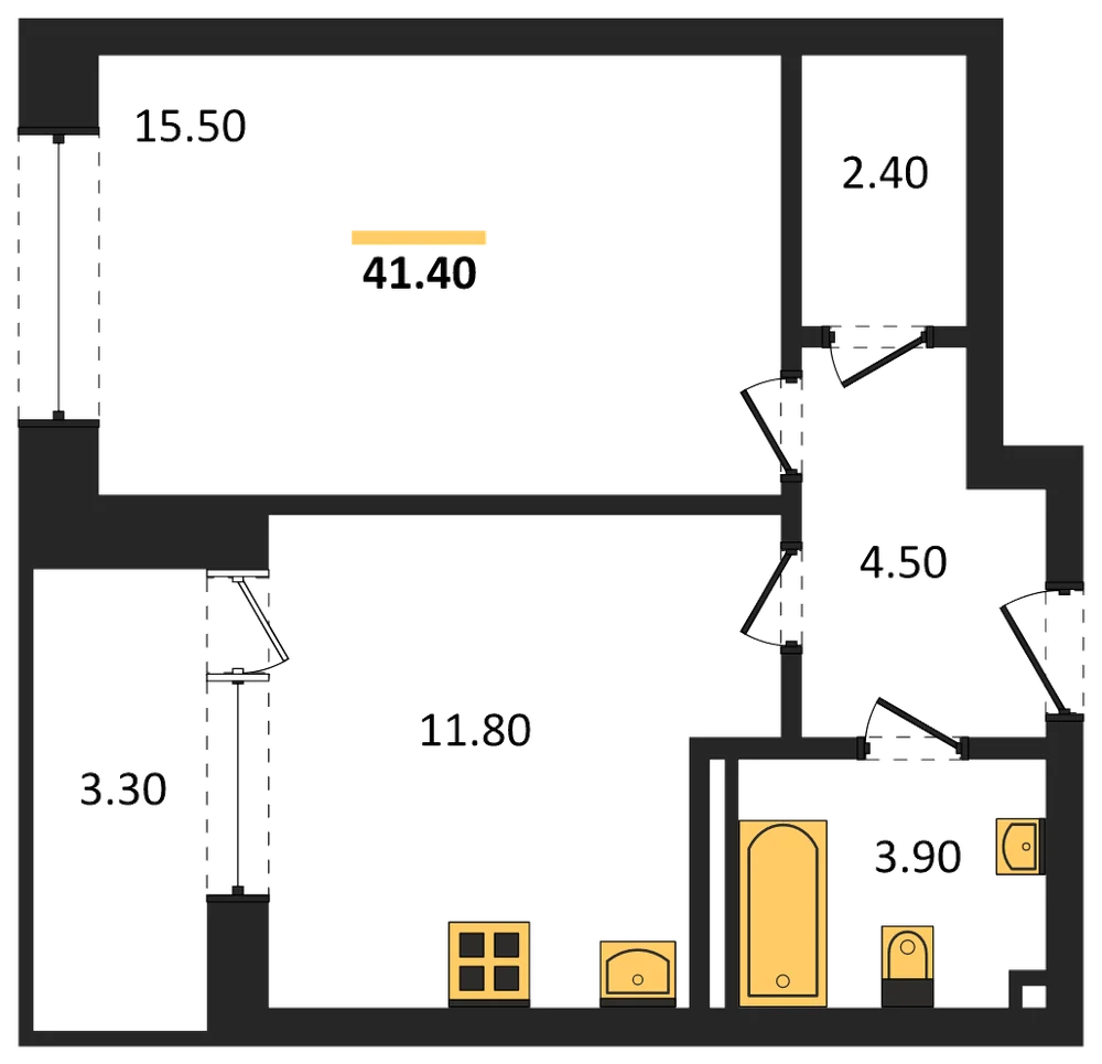 Планировка: 1-комн., 41,4 м²