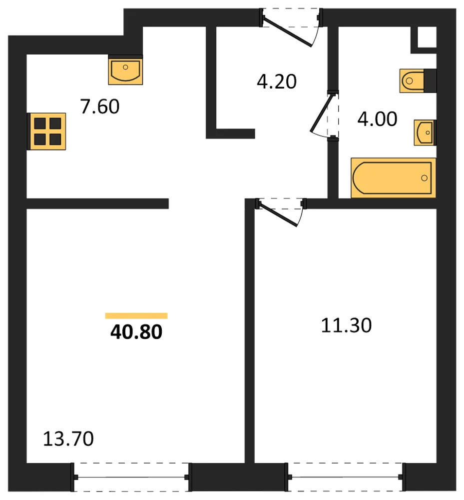 Планировка: 1-комн., 40,8 м²