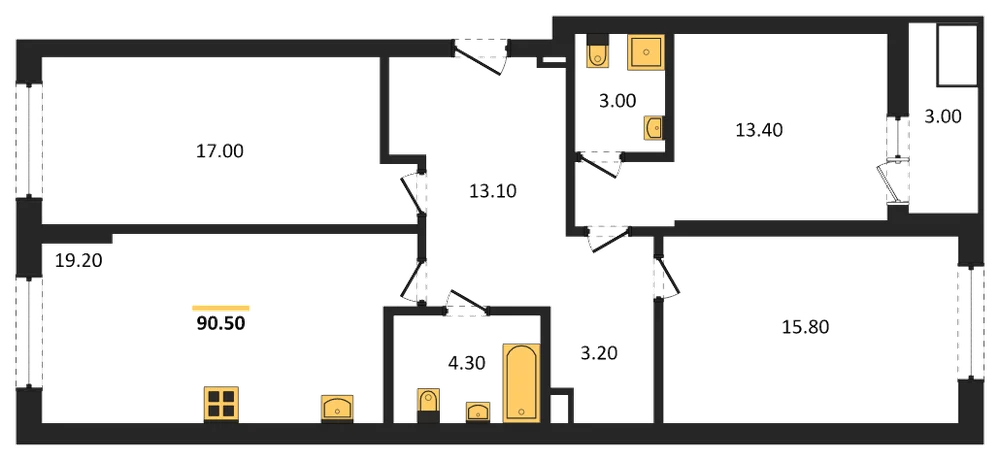 Планировка: 3-комн., 90,5 м²