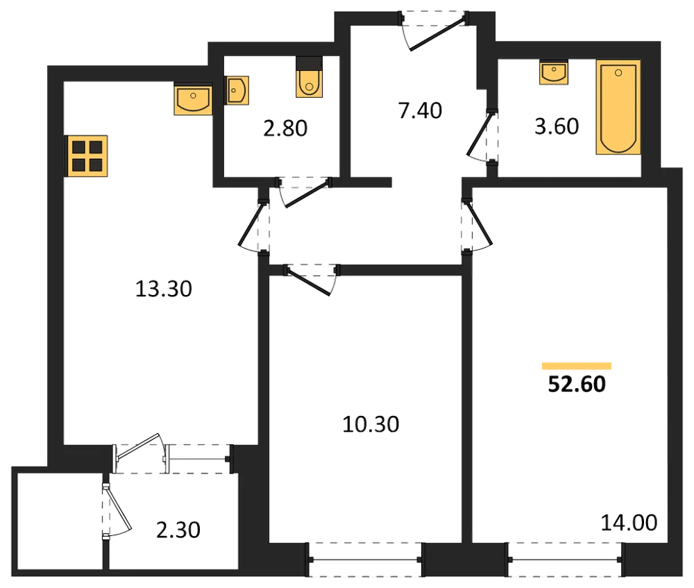 Планировка: 2-комн., 52,6 м²