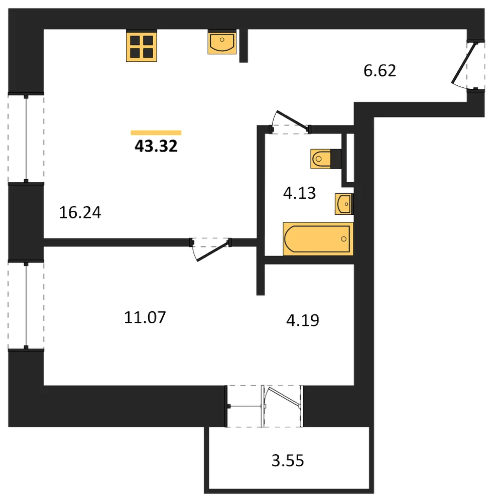 Планировка: 1-комн., 43,3 м²