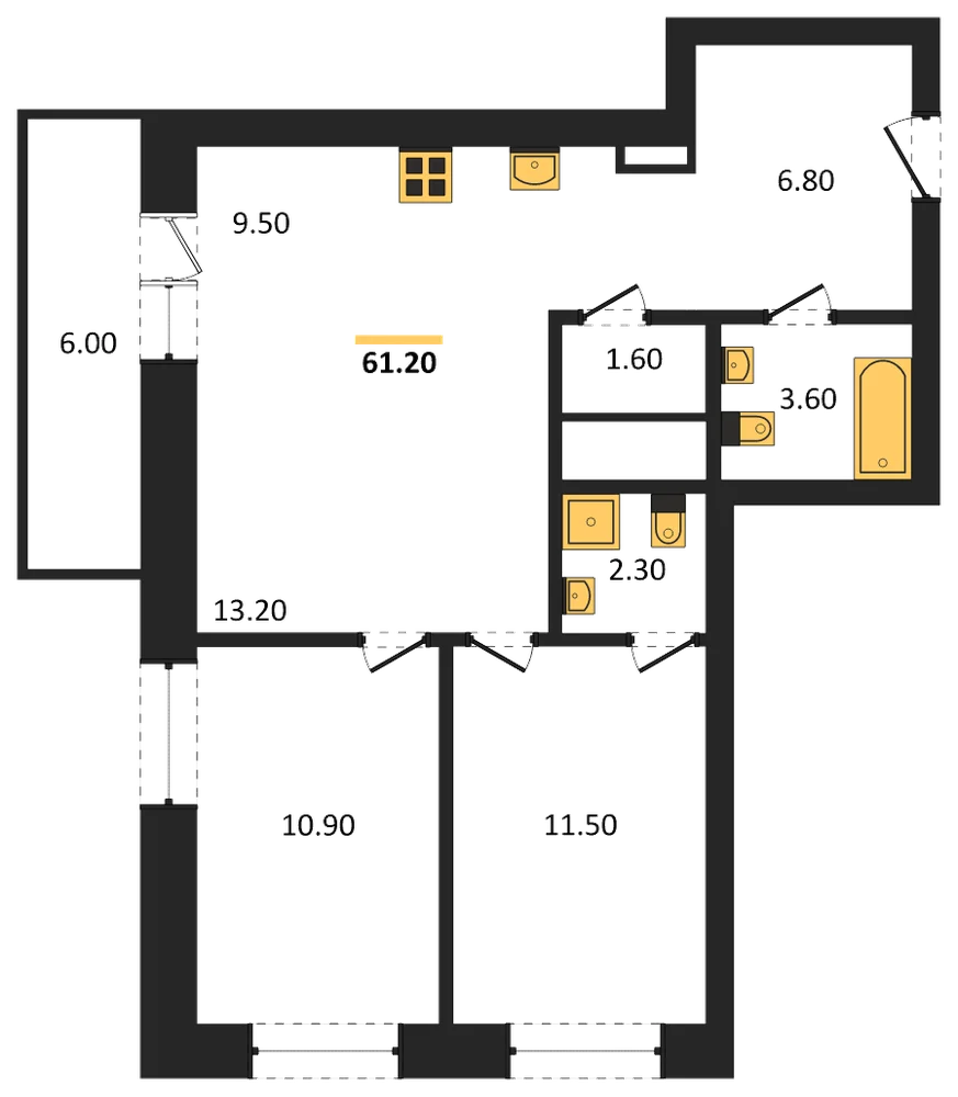Планировка: 2-комн., 61,2 м²