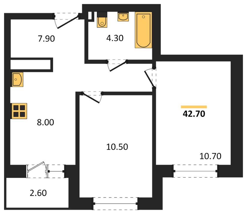 Планировка: 2-комн., 42,7 м²