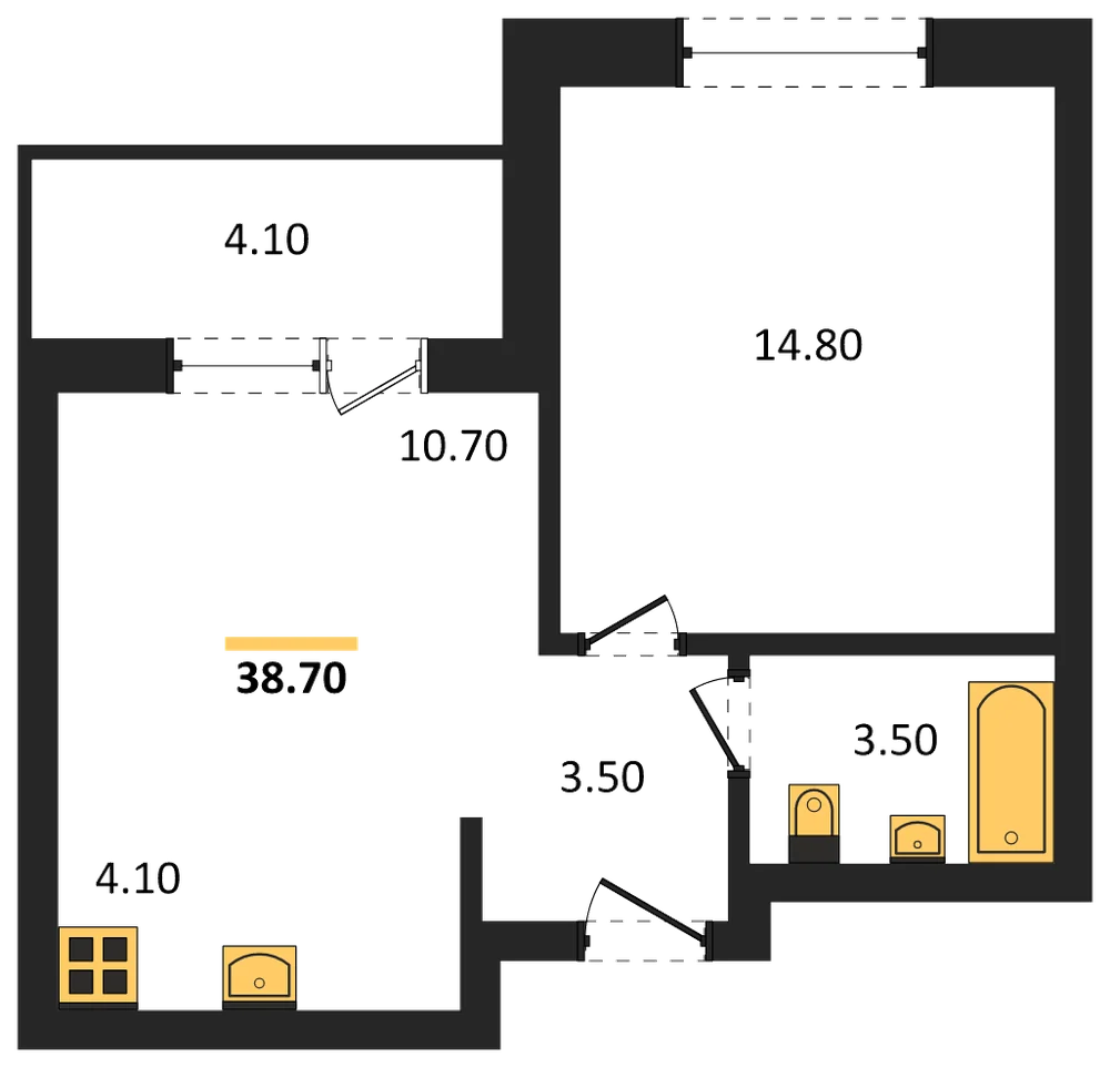 Планировка: 1-комн., 38,7 м²
