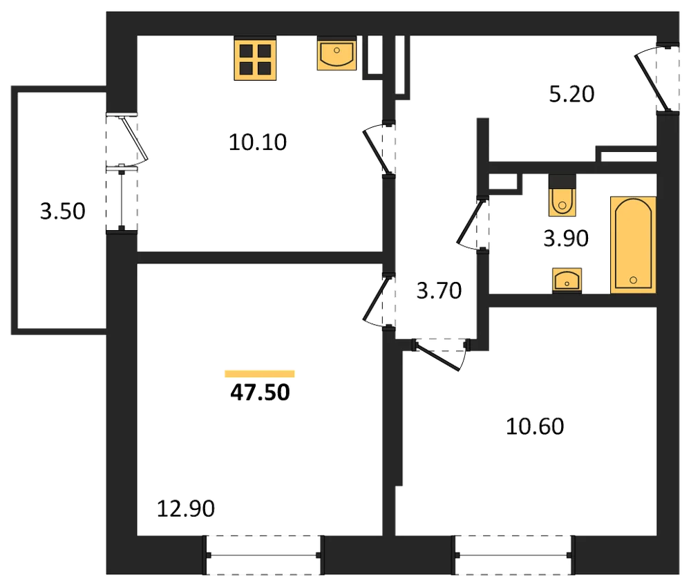 Планировка: 2-комн., 47,5 м²