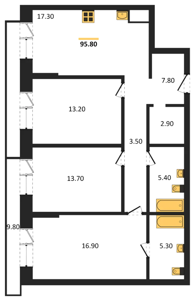 Планировка: 3-комн., 88,9 м²