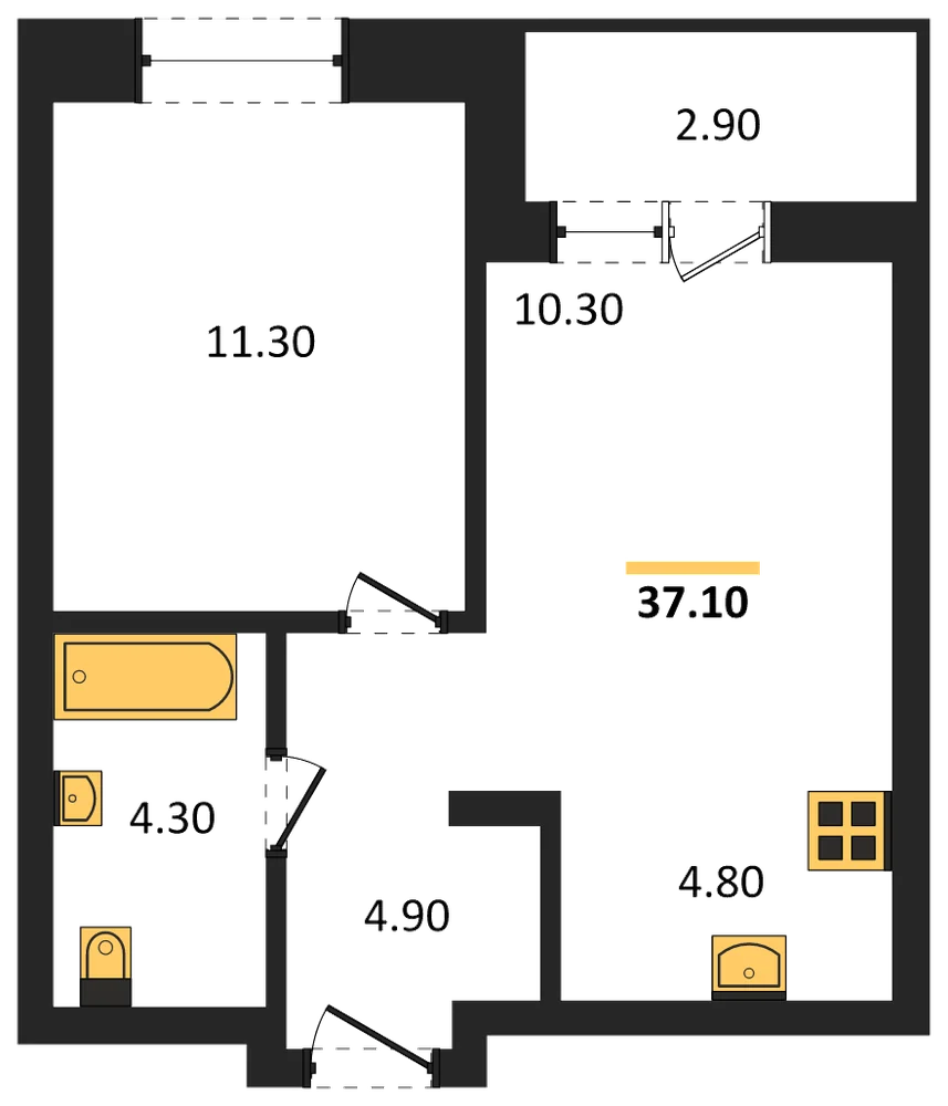 Планировка: 1-комн., 37,1 м²