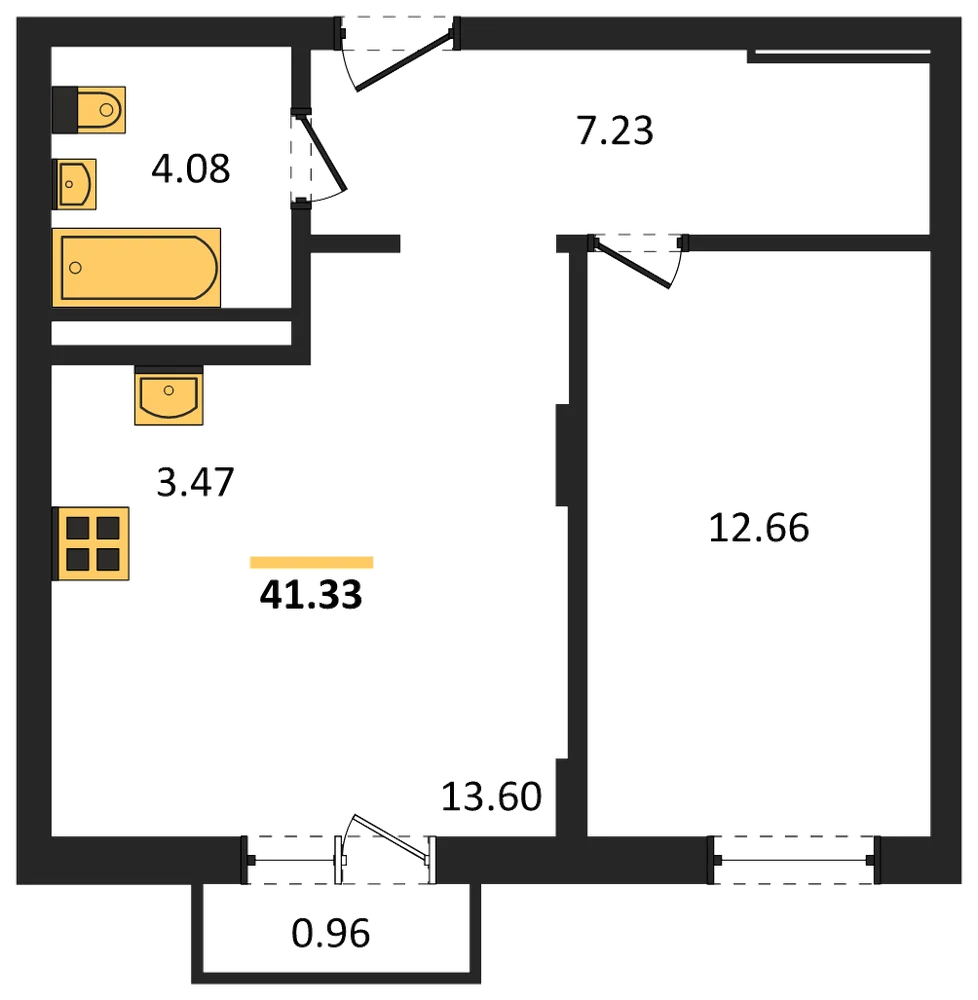 Планировка: 1-комн., 41,3 м²