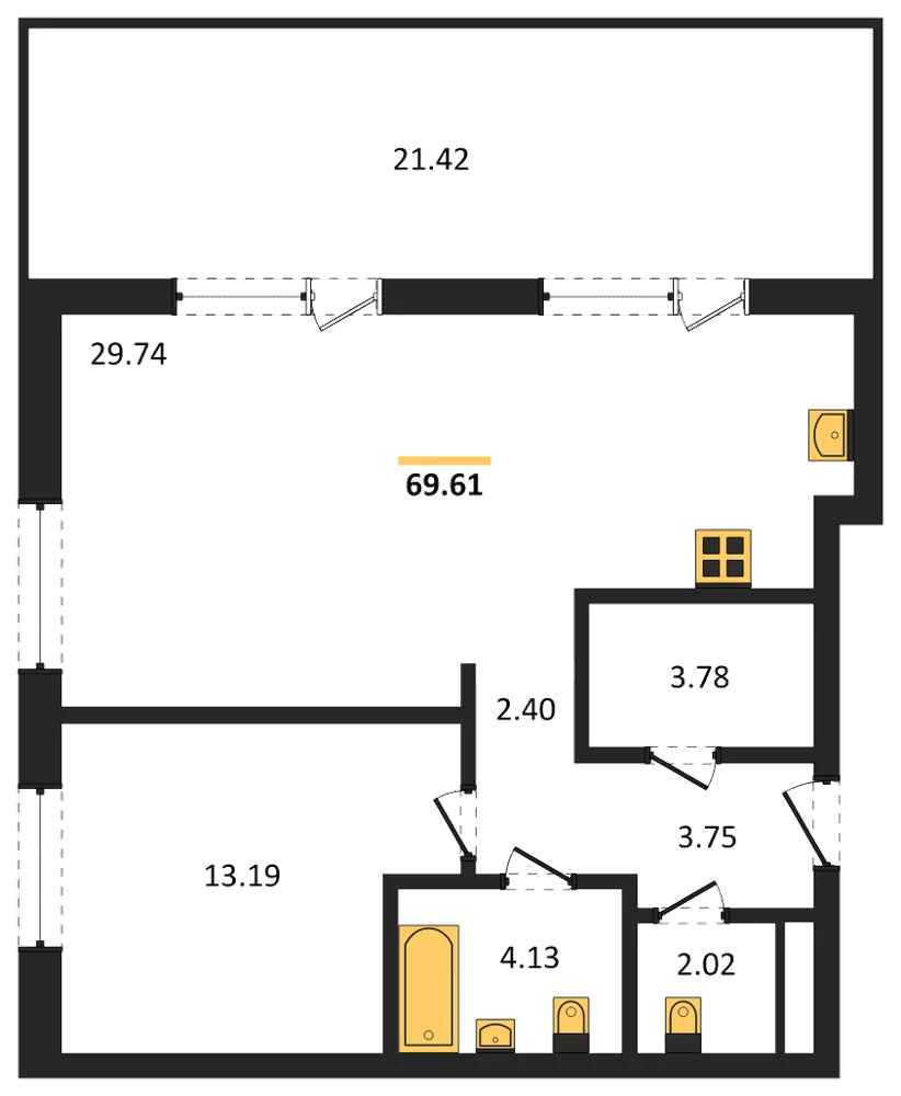 Планировка: 1-комн., 69,1 м²