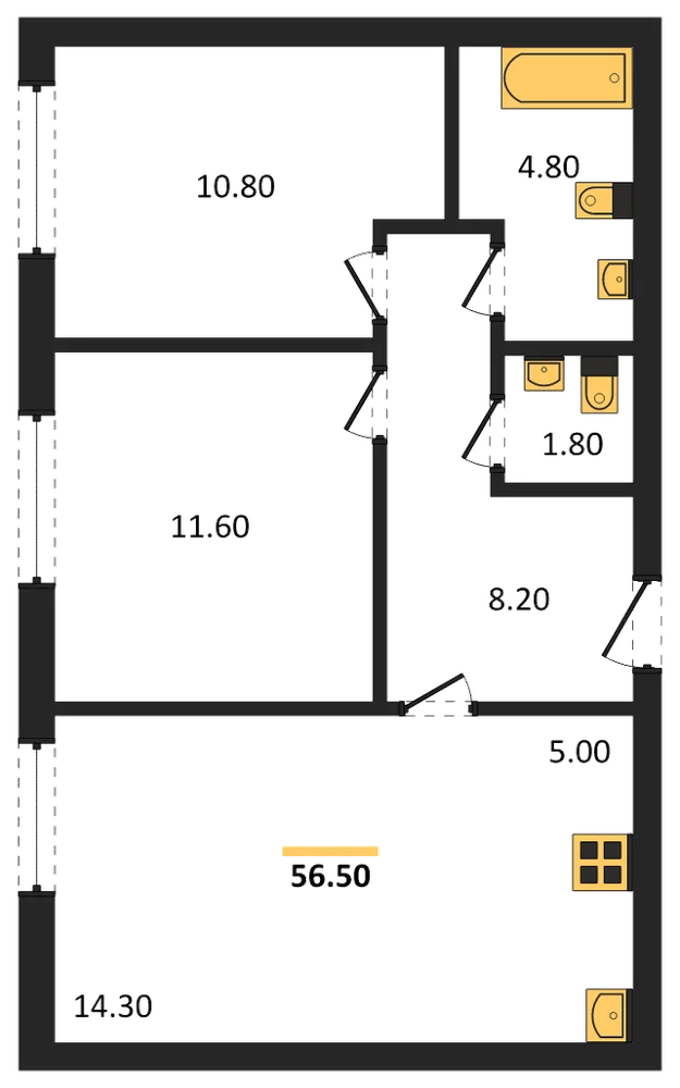 Планировка: 2-комн., 56,5 м²