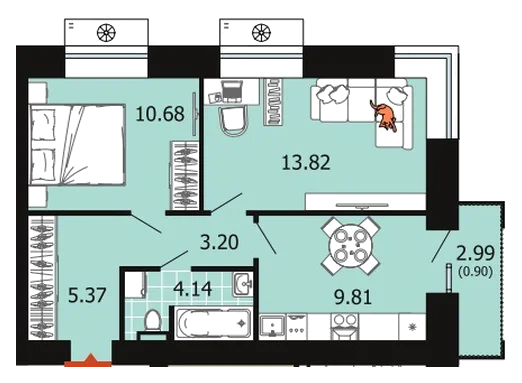 Планировка: 2-комн., 47,9 м²