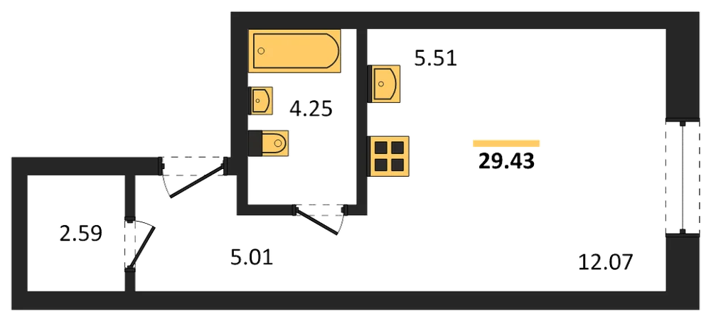 Планировка: Студия, 29,1 м²