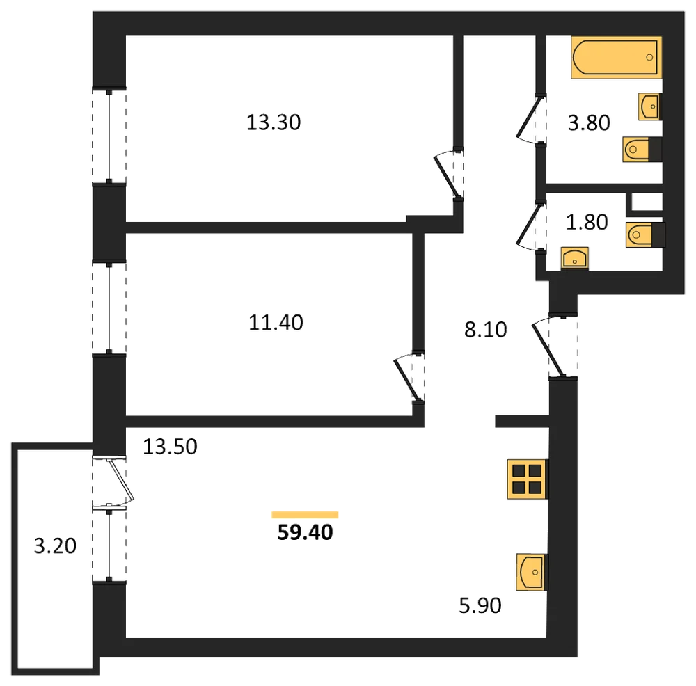 Планировка: 2-комн., 56,7 м²