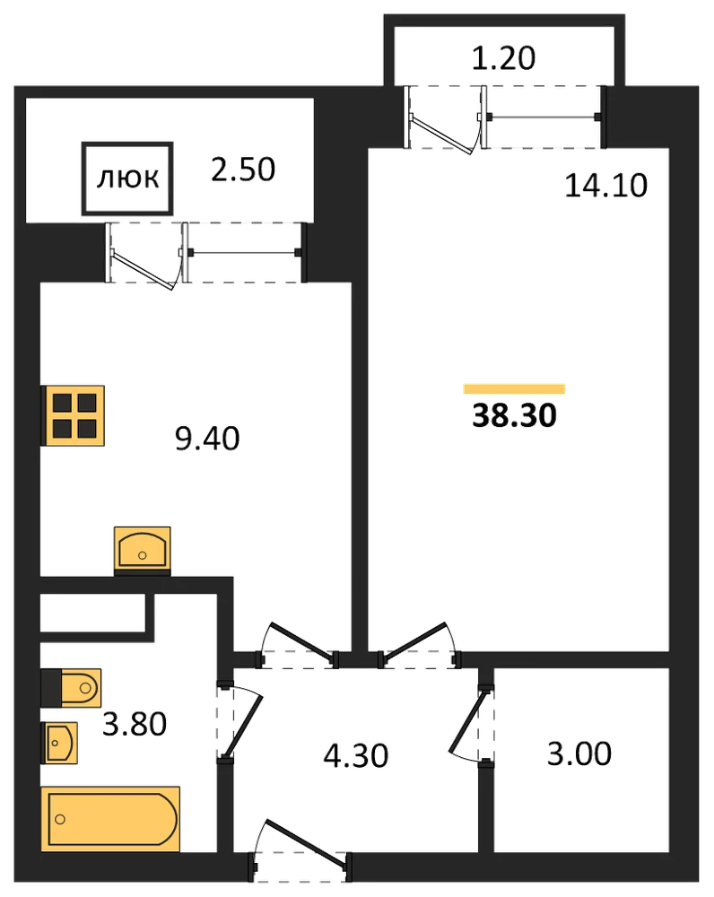 Планировка: 1-комн., 38,3 м²