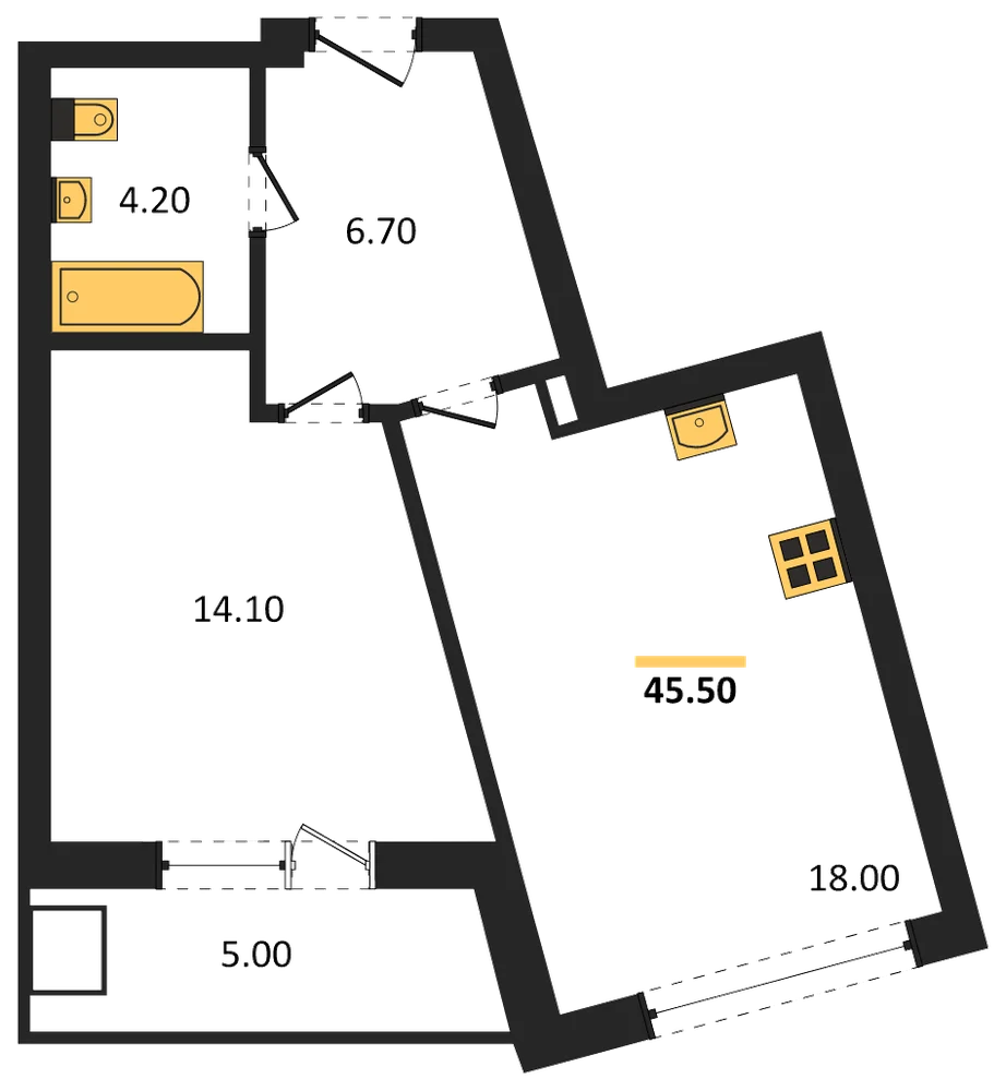 Планировка: 1-комн., 45,5 м²