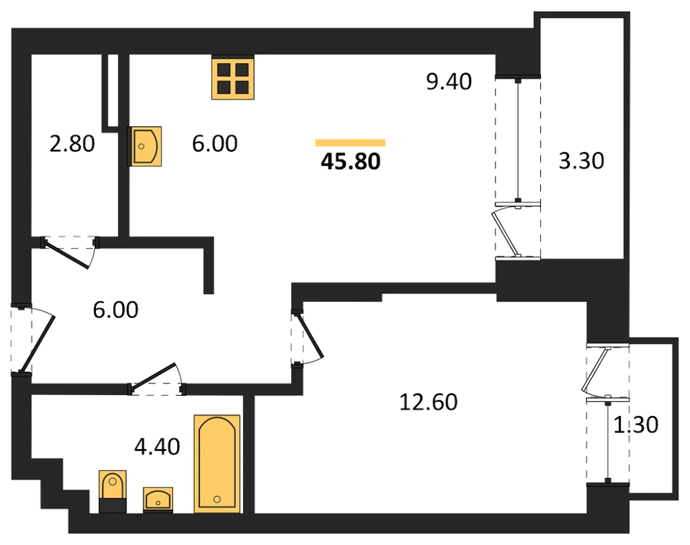 Планировка: 1-комн., 45,8 м²