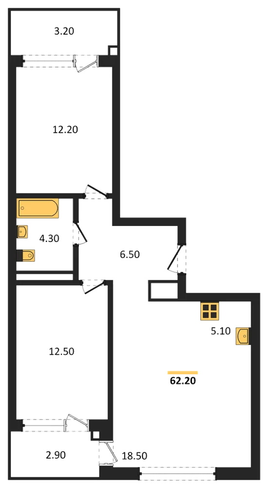 Планировка: 2-комн., 62,2 м²