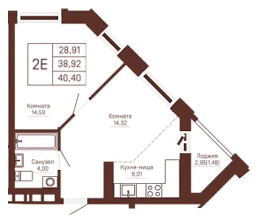 Планировка: 1-комн., 40,4 м²