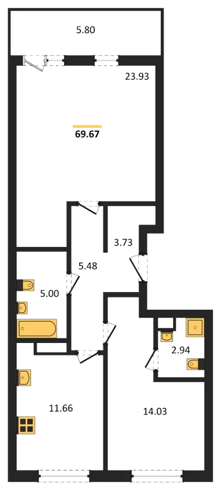 Планировка: 2-комн., 69,7 м²