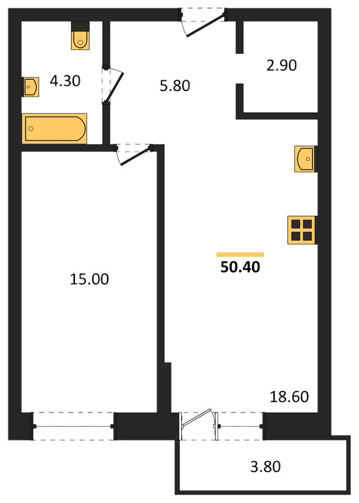 Планировка: 1-комн., 47,7 м²