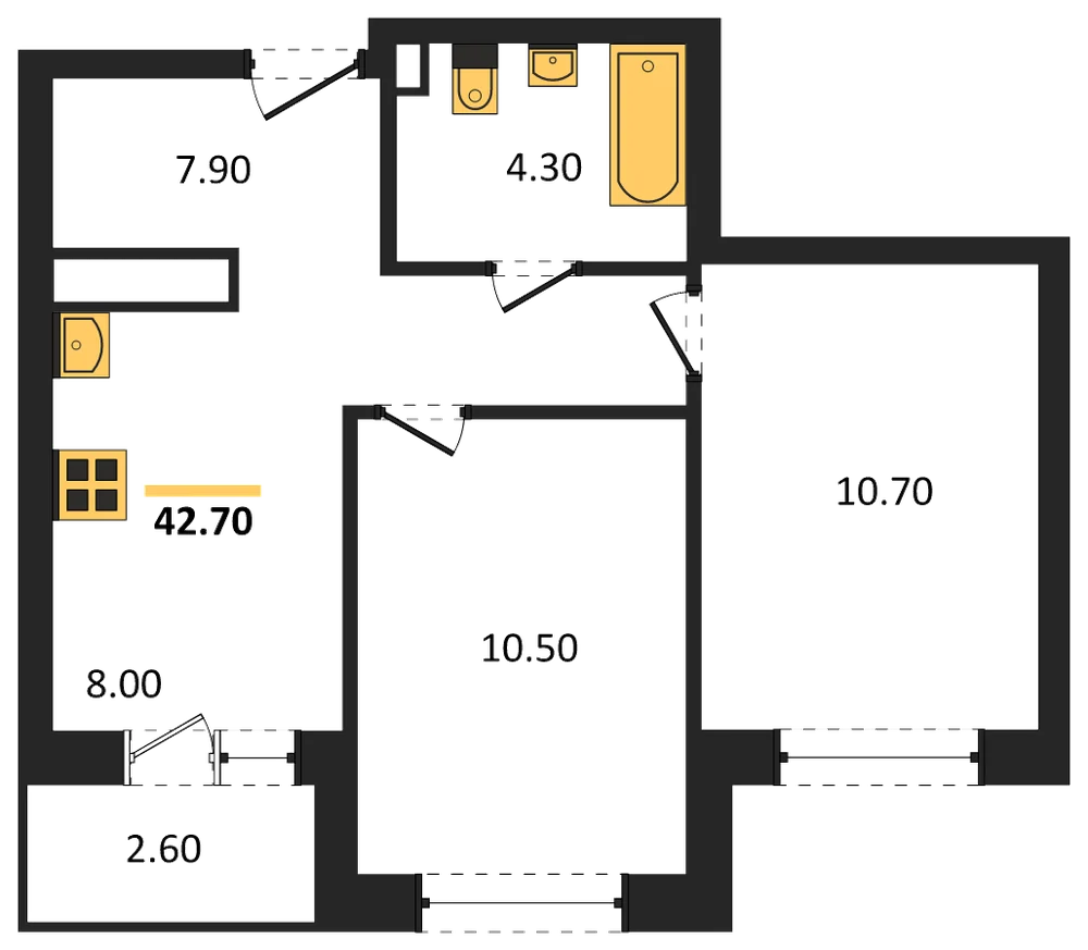 Планировка: 2-комн., 42,7 м²