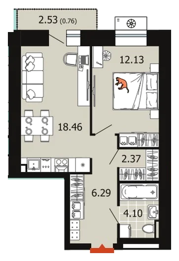 Планировка: 1-комн., 44,1 м²