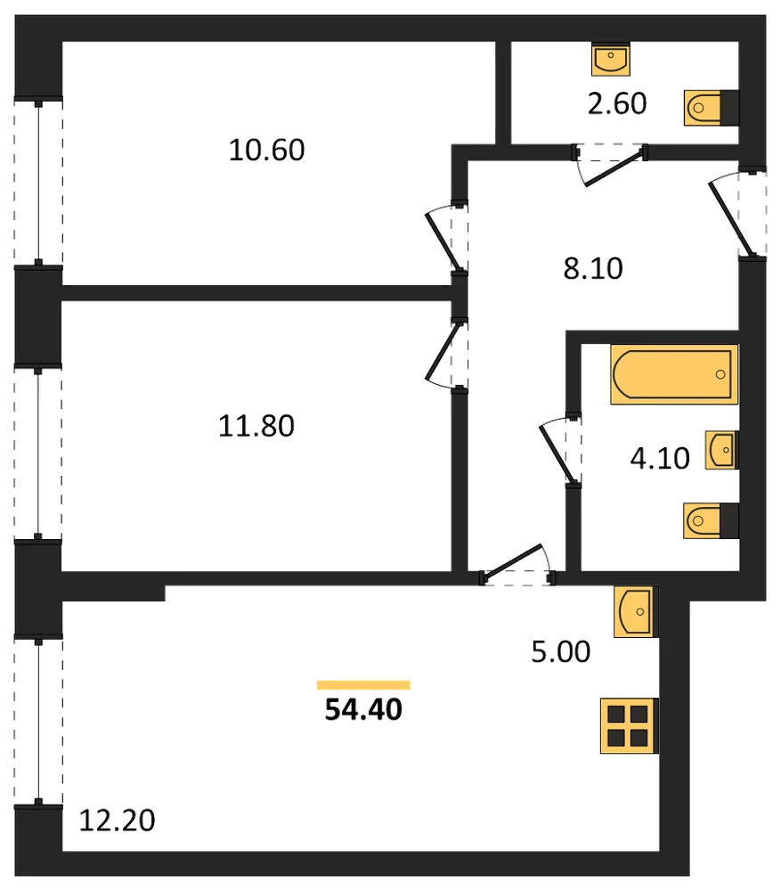 Планировка: 2-комн., 54,4 м²